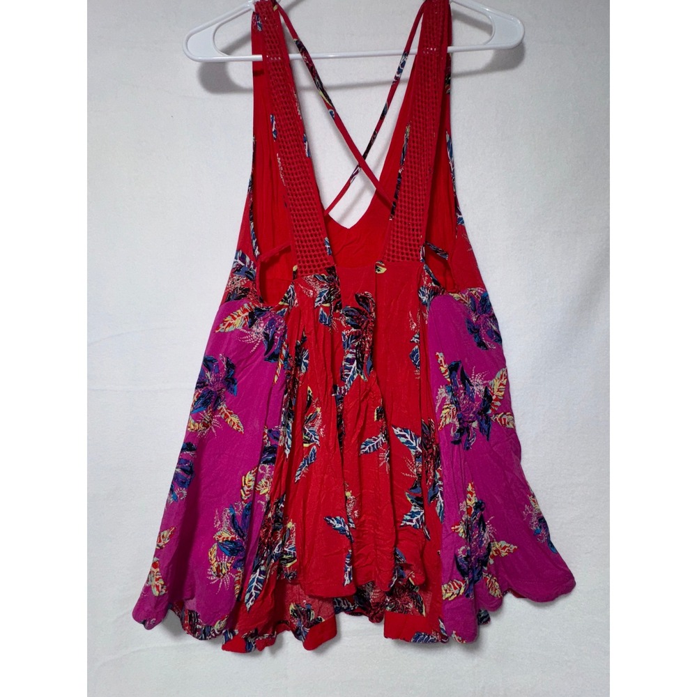 Free People Red Boho Mini Dress Tunic Tank XS Criss Cross Back Floral Feather